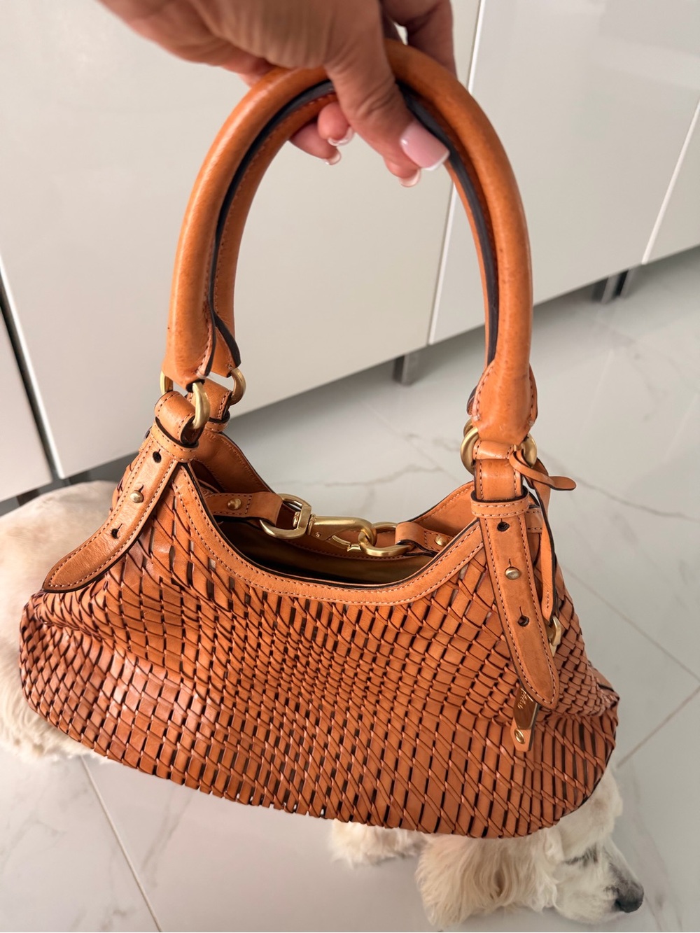 Cole Haan Woven Tan Leather Shoulder Bag with Gold-Tone Chain - Picture 6 of 15